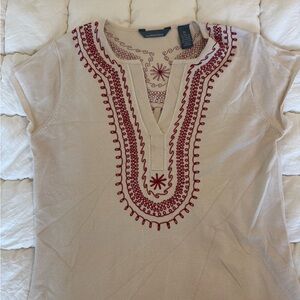 Hillard & Hanson Cream Tunic with Red Embroidered Yoke
